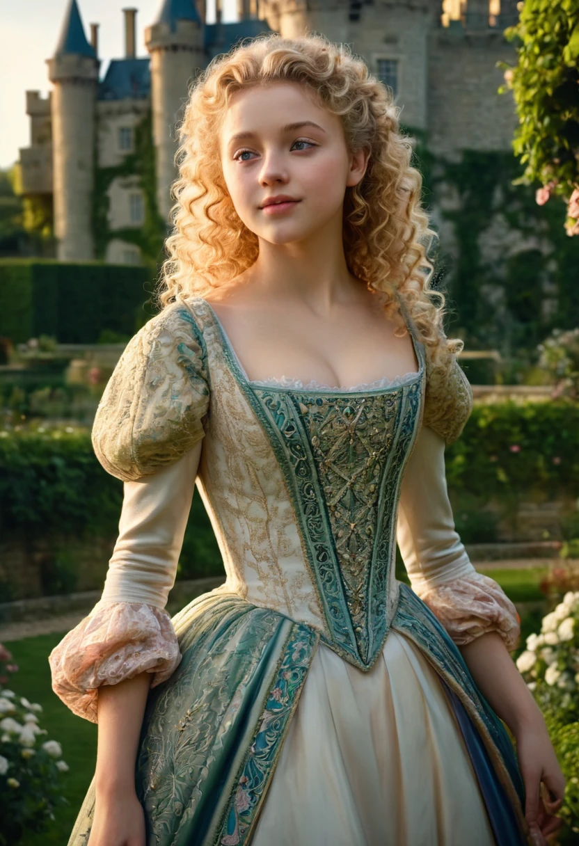 a beautiful young woman, 1girl, beautiful blonde curly hair, light eyes, fair skin, sweet expression, 17th century setting, intricate details, high quality, photorealistic, ultra-detailed, masterpiece, dramatic lighting, cinematic, ornate dress, lush garden, castle in background, (best quality,4k,8k,highres,masterpiece:1.2),ultra-detailed,(realistic,photorealistic,photo-realistic:1.37),HDR,UHD,studio lighting,extreme detail description,professional,vivid colors