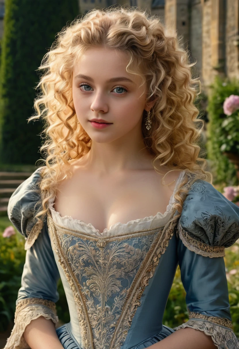 a beautiful young woman, 1girl, beautiful blonde curly hair, light eyes, fair skin, sweet expression, 17th century setting, intricate details, high quality, photorealistic, ultra-detailed, masterpiece, dramatic lighting, cinematic, ornate dress, lush garden, castle in background, (best quality,4k,8k,highres,masterpiece:1.2),ultra-detailed,(realistic,photorealistic,photo-realistic:1.37),HDR,UHD,studio lighting,extreme detail description,professional,vivid colors