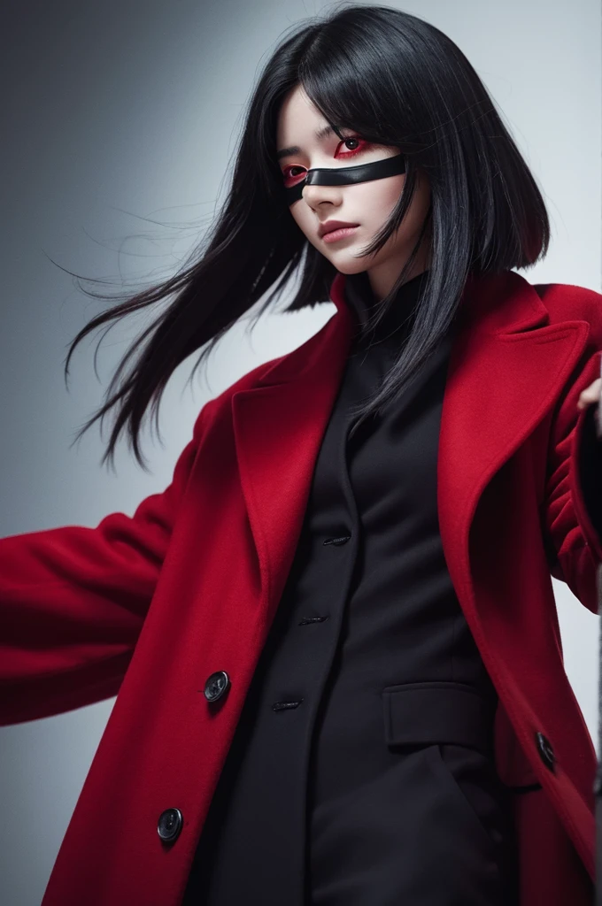 Black hair, one eye hidden, red eyes, long coat
