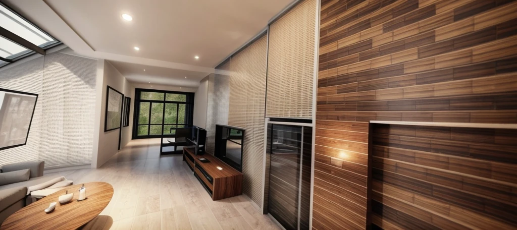 Huge comfortable living room and view of kitchen with island, (((Best quality))), (((Ultra detailed))), (((Masterpiece))), Large wooden windows with natural light, Beige sofa, Wooden table, Vase plants, modern minimalistic design, Ultra photo realsisim, Masterpiece, Highly detailed, Digital painting, Best quality, A high resolution, detailed work, Post-processing, Creative studio, Promotional architectural photos