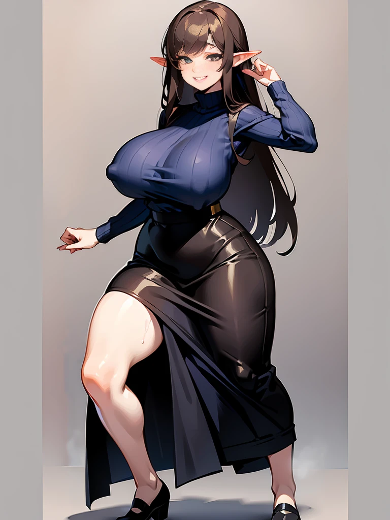 young elf girl, lila eyes, lila Pullover, black long skirt, whole body to see, smiled, excited, moans, brown long hair, sexy pose, big breasts, wide hips