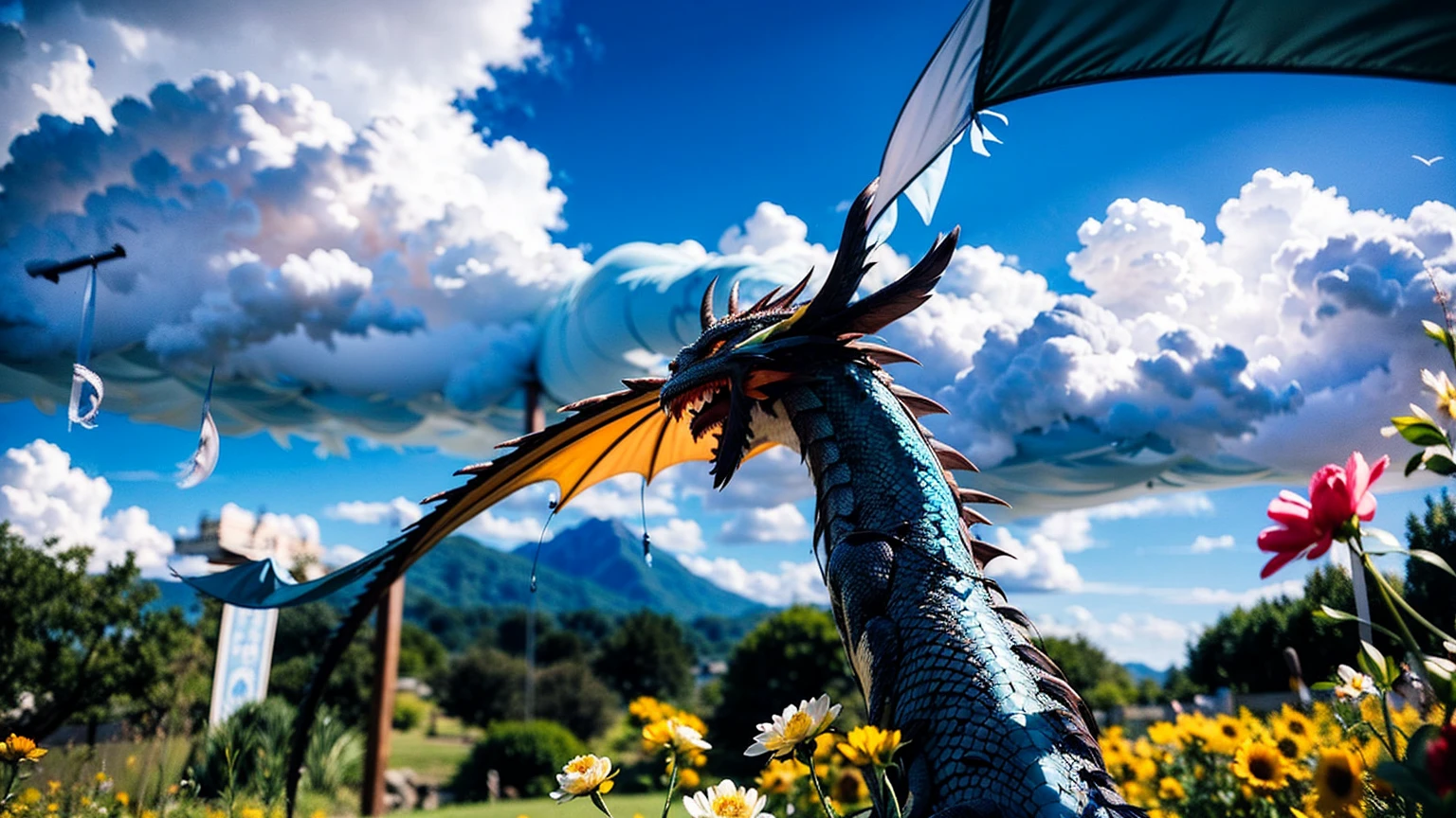 (masterpiece), (wonderful), (非常にwonderful), White Dew, Four Corners, audience, Dragon Tail Horn, Upper Body, Flowers, streamer, cloud,
