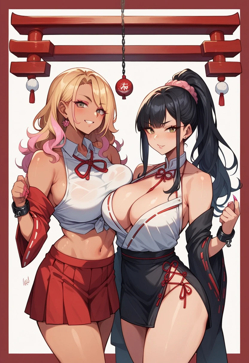 ((sexy 2girl ,gyaru)) ,nsfw, glamorous, voluptuous, curvy, shrine maiden outfit,red mini skirt,bare shoulders,cuffs,black hair,stand,