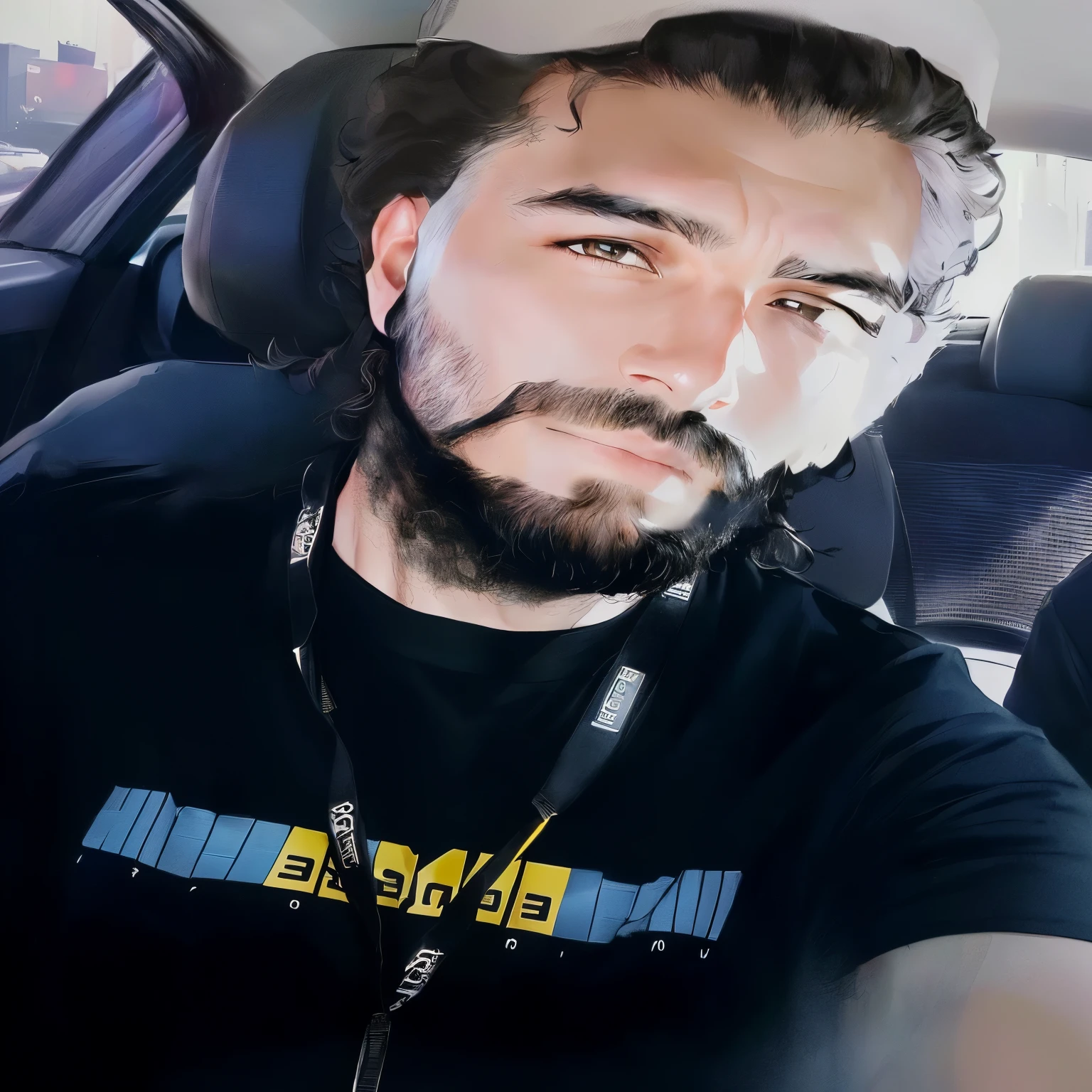 arafed man with a beard and a black shirt sitting in a car, with a beard and a black shirt, taken at the beginning of 2020, Serpentina do Twitch / gamer ludwig, 8k selfie photograph, very low quality image, low quality photo, looking serious, profile photo 1024px, profile picture with headshot, André Rios