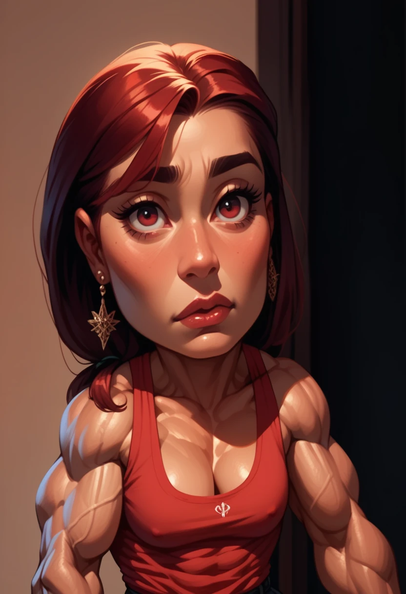 mature muscle woman with red hair wearing red tank top flexing massive muscles, muscle woman, huge muscles, muscle girl, biceps, pecs, mature woman