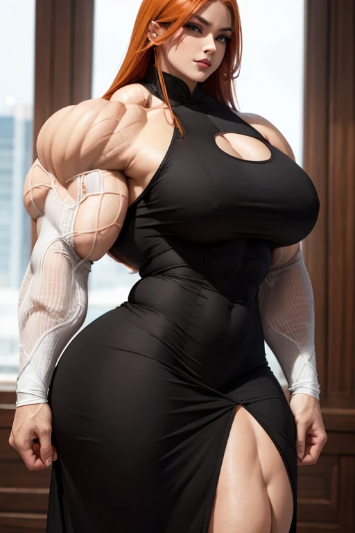 ((Massive, beautiful, buff, pale white skinned, muscular woman with orange hair, black lipstick, ginormous bulky muscles and wearing a beautiful long sleeve silver qipao dress)), (close view), massive muscles, massive biceps, hyper muscle triceps, long shaggy hair, green eyes, ((beautiful long sleeve silver qipao dress)), high heels, (in a silver palace), night, closed smile, hyper muscles arms, hyper muscle legs, massive arms,