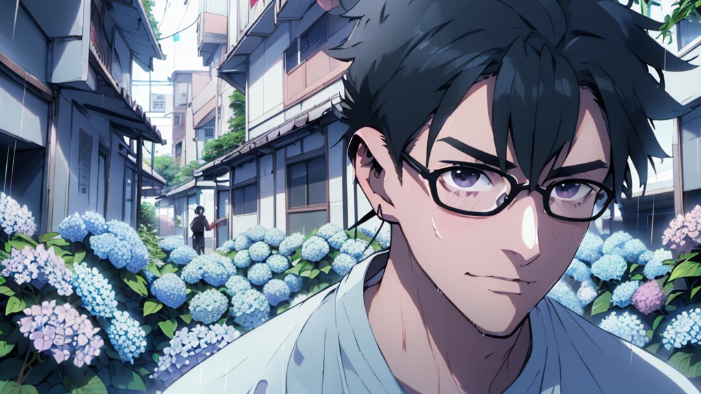 ((Highest quality)), ((masterpiece)), (detailed), Highest quality、High resolution、8K、shirt、One adult male、33 years old、Dark Eyes、Black Hair、rain、The whole body is shown、Standing surrounded by hydrangeas、Japanese anime-like style、超High resolutionかわいい萌えアニメ8k、handsome face manly、 Slender and muscular、Wearing headphones、Glasses