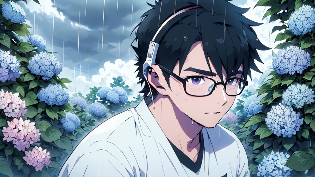((Highest quality)), ((masterpiece)), (detailed), Highest quality、High resolution、８K、shirt、One adult male、33 years old、Dark Eyes、Black Hair、rain、The whole body is shown、Standing surrounded by hydrangeas、Japanese anime-like style、超High resolutionかわいい萌えアニメ8k、handsome face manly、 Slender and muscular、Wearing headphones、Glasses