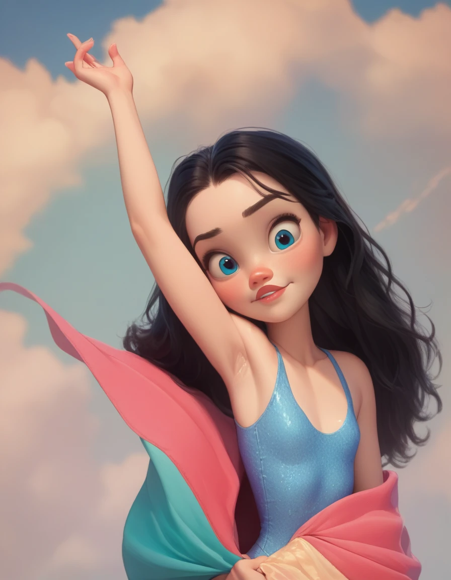 Disney style, curvy blue eyed girl with long wavy black hair and small breasts, loving expression, armpits