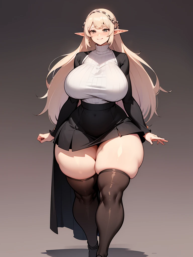young elf girl, lila eyes, lila Pullover, black long skirt, whole body to see, smiled, excited, moans, brown long hair, (( very wide hips)), (((colossal Thighs, gigantic thighs, very huge thighs, very big thighs))), y pose