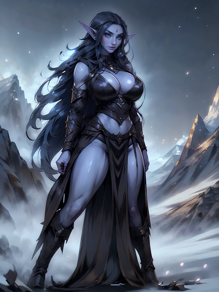 (masterpiece, top quality, best quality, official art, beautiful and aesthetic:1.2), (1girl:1.3), ((Sharp facial features, sharp features, hawkish features)), ((big hair, long elf ears, long black hair)), (((pale purple skin, pale blue skin, blue skin, purple skin))), big tiddy dark elf girl, extremely detailed, portrait, looking at viewer, solo, (full body:0.6), detailed background, full-body shot, (cold night mountain theme:1.1), dark elf war dancer, (spiky winged helmet), charlatan, smirk, mysterious, swaying in mountains, skimpy attire, revealing gladiatrix costume, ebony metal, gold filigree, long boots, dual knives, blood red fabric, pelvic curtain, loincloth, black leather, ((((cleavage, skindentation, long legs, pelvic curtain)))), cute belly button, toned tummy, slim waist, slim hips, long legs, medieval (mountain exterior:1.1) background, dark mysterious lighting, shadows, magical atmosphere, dutch angle