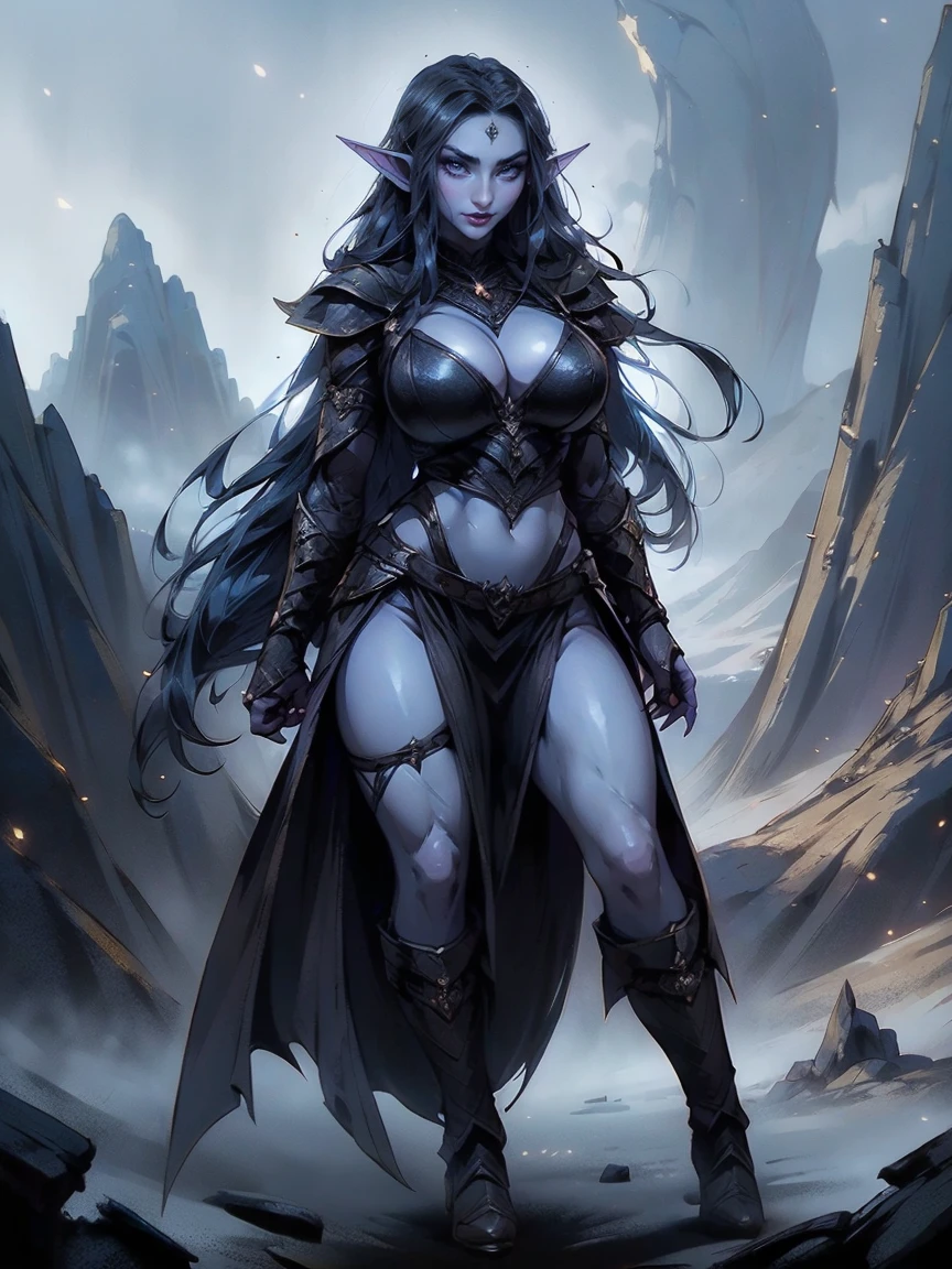 (masterpiece, top quality, best quality, official art, beautiful and aesthetic:1.2), (1girl:1.3), ((Sharp facial features, sharp features, hawkish features)), ((big hair, long elf ears, long black hair)), (((pale purple skin, pale blue skin, blue skin, purple skin))), big tiddy dark elf girl, extremely detailed, portrait, looking at viewer, solo, (full body:0.6), detailed background, full-body shot, (cold night mountain theme:1.1), dark elf war dancer, (spiky winged helmet), charlatan, smirk, mysterious, swaying in mountains, skimpy attire, revealing gladiatrix costume, ebony metal, gold filigree, long boots, dual knives, blood red fabric, pelvic curtain, loincloth, black leather, ((((cleavage, skindentation, long legs, pelvic curtain)))), cute belly button, toned tummy, slim waist, slim hips, long legs, medieval (mountain exterior:1.1) background, dark mysterious lighting, shadows, magical atmosphere, dutch angle