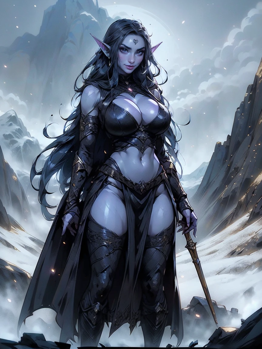 (masterpiece, top quality, best quality, official art, beautiful and aesthetic:1.2), (1girl:1.3), ((Sharp facial features, sharp features, hawkish features)), ((big hair, long elf ears, long black hair)), (((pale purple skin, pale blue skin, blue skin, purple skin))), big tiddy dark elf girl, extremely detailed, portrait, looking at viewer, solo, (full body:0.6), detailed background, full-body shot, (cold night mountain theme:1.1), dark elf war dancer, (spiky winged helmet), charlatan, smirk, mysterious, swaying in mountains, skimpy attire, revealing gladiatrix costume, ebony metal, gold filigree, long boots, dual knives, blood red fabric, pelvic curtain, loincloth, black leather, ((((cleavage, skindentation, long legs, pelvic curtain)))), cute belly button, toned tummy, slim waist, slim hips, long legs, medieval (mountain exterior:1.1) background, dark mysterious lighting, shadows, magical atmosphere, dutch angle