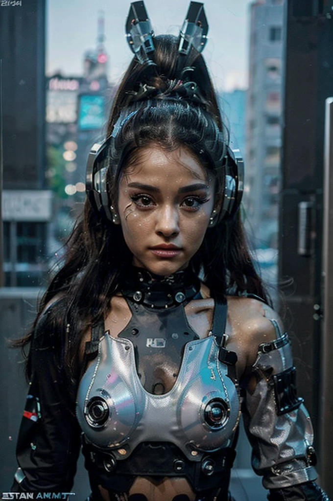 a close up of a person with headphones on, cyberpunk art, inspired by hajime sorayama, chrome bodysuit, ariana grande in star wars, 8k selfie photograph, fully robotic!! catgirl, avatar image, ceramic cyborg, twitch streamer, friendly humanoid cyber robot, chrome outfit, dasha taran, instagram model, the mekanik doll