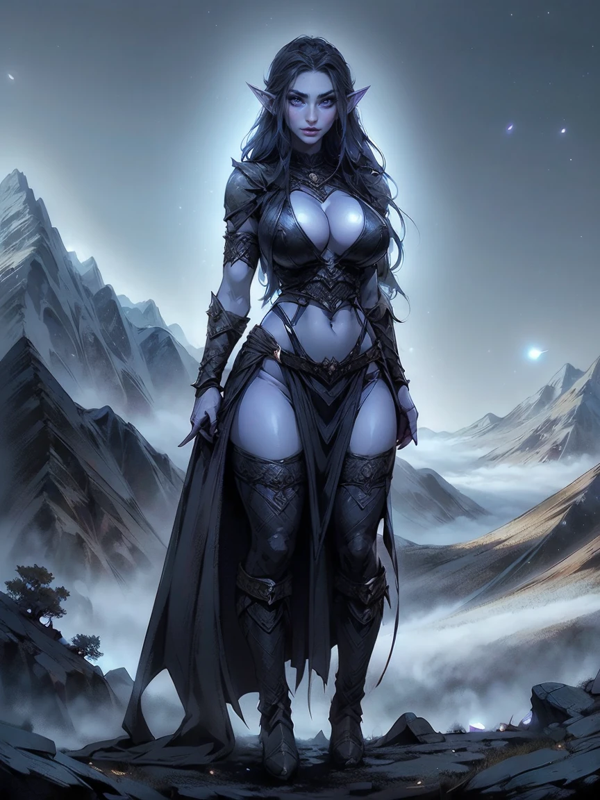 (masterpiece, top quality, best quality, official art, beautiful and aesthetic:1.2), (1girl:1.3), ((Sharp facial features, sharp features, hawkish features)), ((big hair, long elf ears, long black hair)), (((pale purple skin, pale blue skin, blue skin, purple skin))), big tiddy dark elf girl, extremely detailed, portrait, looking at viewer, solo, (full body:0.6), detailed background, full-body shot, (cold night mountain theme:1.1), dark elf war dancer, (spiky winged helmet), charlatan, smirk, mysterious, swaying in mountains, skimpy attire, revealing gladiatrix costume, ebony metal, gold filigree, long boots, dual knives, blood red fabric, pelvic curtain, loincloth, black leather, ((((big , cleavage, skindentation, long legs, pelvic curtain)))), cute belly button, toned tummy, slim waist, slim hips, long legs, medieval (mountain exterior:1.1) background, dark mysterious lighting, shadows, magical atmosphere, dutch angle