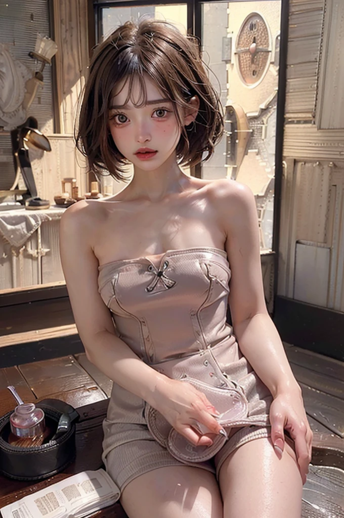 (Highest quality, masterpiece:1.3), ((Beautifully detailed face)), beautifully detailed skin, Intricate details, Very detailed, Best image quality in 8K, (18-year-old girl:Completely naked:1.8),Japanese Girls,Baby Face,(Detailed Hair,Bobcut:1.4),Detailed lips,Open your mouth,blush,Embarrassing,Realistic Face,Realistic Skin,(sexy:2.0,Clothes are disheveled),(Vibrant Skin,Moisturized Skin:1.2),Vivid lips,Lip gloss,(cowboy shot:1.5)