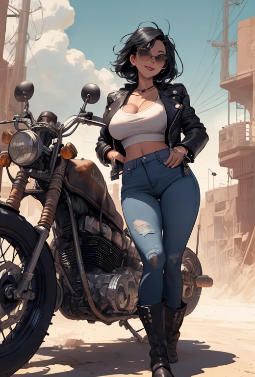 female, short messy black hair, aviator sunglasses, cigarette in mouth, black leather jacket, worn jeans, leather boots, huge chopper bike, desert landscape, sun above, bike gang, close up, huge breasts, defiant smile, leaning back, standing, legs crossed, crossed arms, dusk, tall