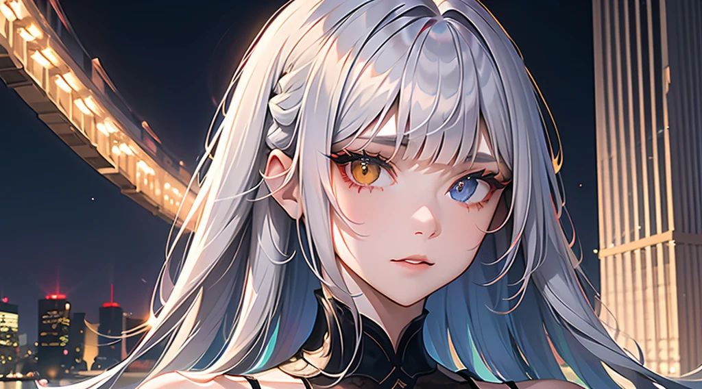 1girl, long hair, red left eye, grey right eye, straight silver hair, strictly straight bangs, hime hairstyle, blunt bangs, long straight hair cut,((( red back lighting))), heterochromia eyes, streetwear, crop top, city, Europe, water, neon, lights, glow, colourful, night, starry sky, sci fi, absurdres, high res, ultrasharp, 8k, masterpiece