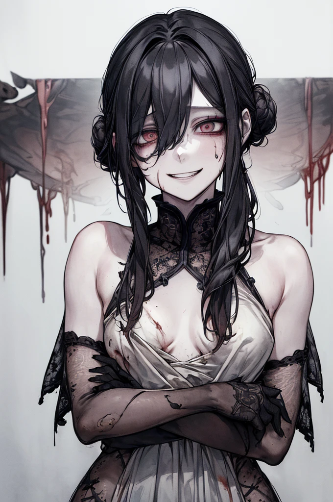 (masterpiece: 1. 2, Highest quality), (Actual photo, Intricate details)、(Anatomically correct), (1 girl, Upper Body, Small breasts、With eyes wide open, Scary atmosphere, Distorted facial expressions, Wicked Smile, Bleeding from the eyes, Blood splatter, whole body, China dress, Twin-tailed bun、Black Hair, (Dark circles under the eyes), pale, Ill, Sickly, Wicked Smile, Crazy Eyes, ( smirk), Dramatic makeup, Mixed Media Art, White Background