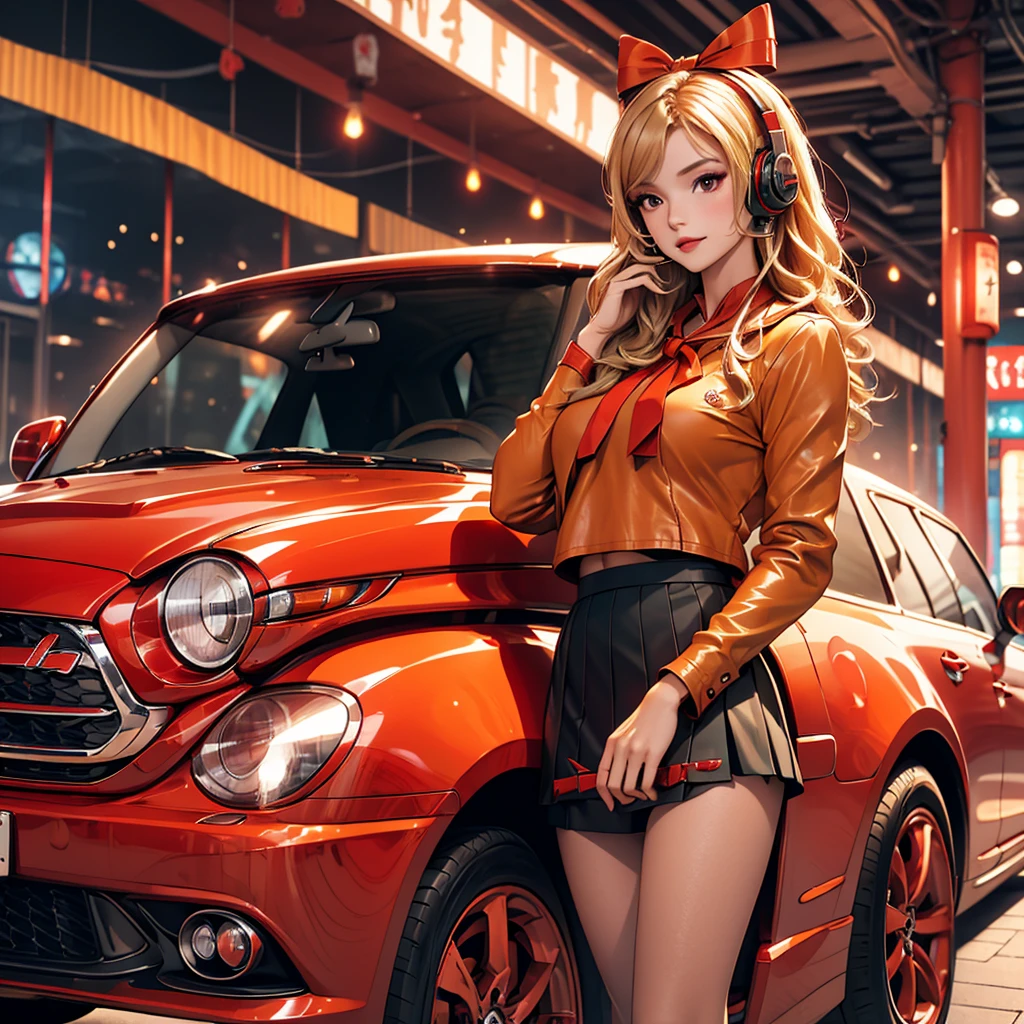 Wearing headphones Luxury brand fashion Girl Hans Bellmer, stand in front of a red electric car, Beautiful girl in sailor uniform, illustration, have a hand blaster, Korean, stand in front of a red electric car, stand in front of a red electric car, avant garde painting, green, yellow, orange, purple, female, dark red boots, red ribbon, red brown leather clothing, ball jointed doll, black tie, red mini skirt, wearing headphones, Luxury Brand Fashion, blonde, star, Japanese, Surrealism Illustration. Long black hair