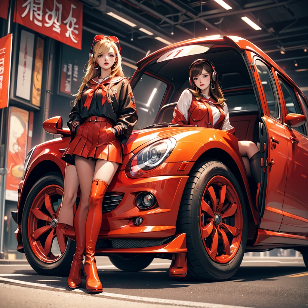 Wearing headphones Luxury brand fashion Girl Hans Bellmer, stand in front of a red electric car, Beautiful girl in sailor uniform, illustration, have a hand blaster, Korean, stand in front of a red electric car, stand in front of a red electric car, avant garde painting, green, yellow, orange, purple, female, dark red boots, red ribbon, red brown leather clothing, ball jointed doll, black tie, red mini skirt, wearing headphones, Luxury Brand Fashion, blonde, star, Japanese, Surrealism Illustration. Long black hair