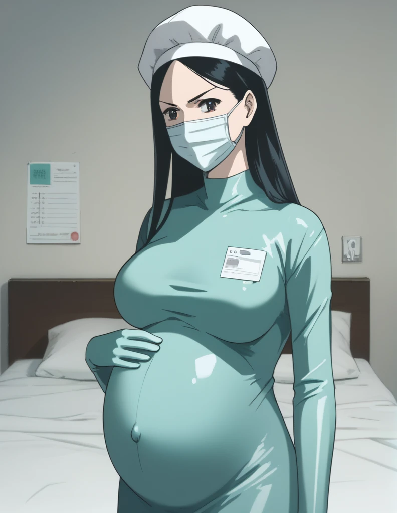 score_9,  score_8_up, score_7_up, source_anime, kasuganoray, pale skin, long hair, highest quality, masterpiece, big breasts, surgical mask, surgical cap, long sleeve maternity dress, seamless, 
1 girl, pregnant, solo, rubber gloves, frown, in the dental room, standing, dental bed, young female dentist preparing tools