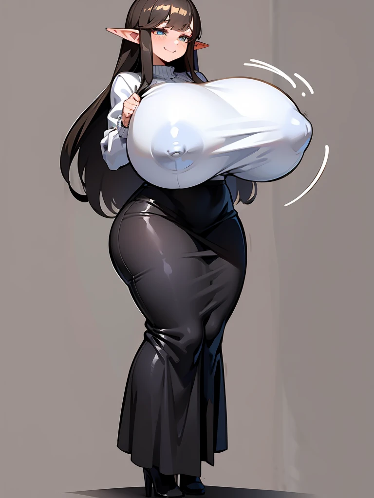 young elf girl, lila eyes, lila Pullover, black long skirt, whole body to see, smiled, excited, moans, brown long hair, sexy pose, (((very huge breasts))), wide hips