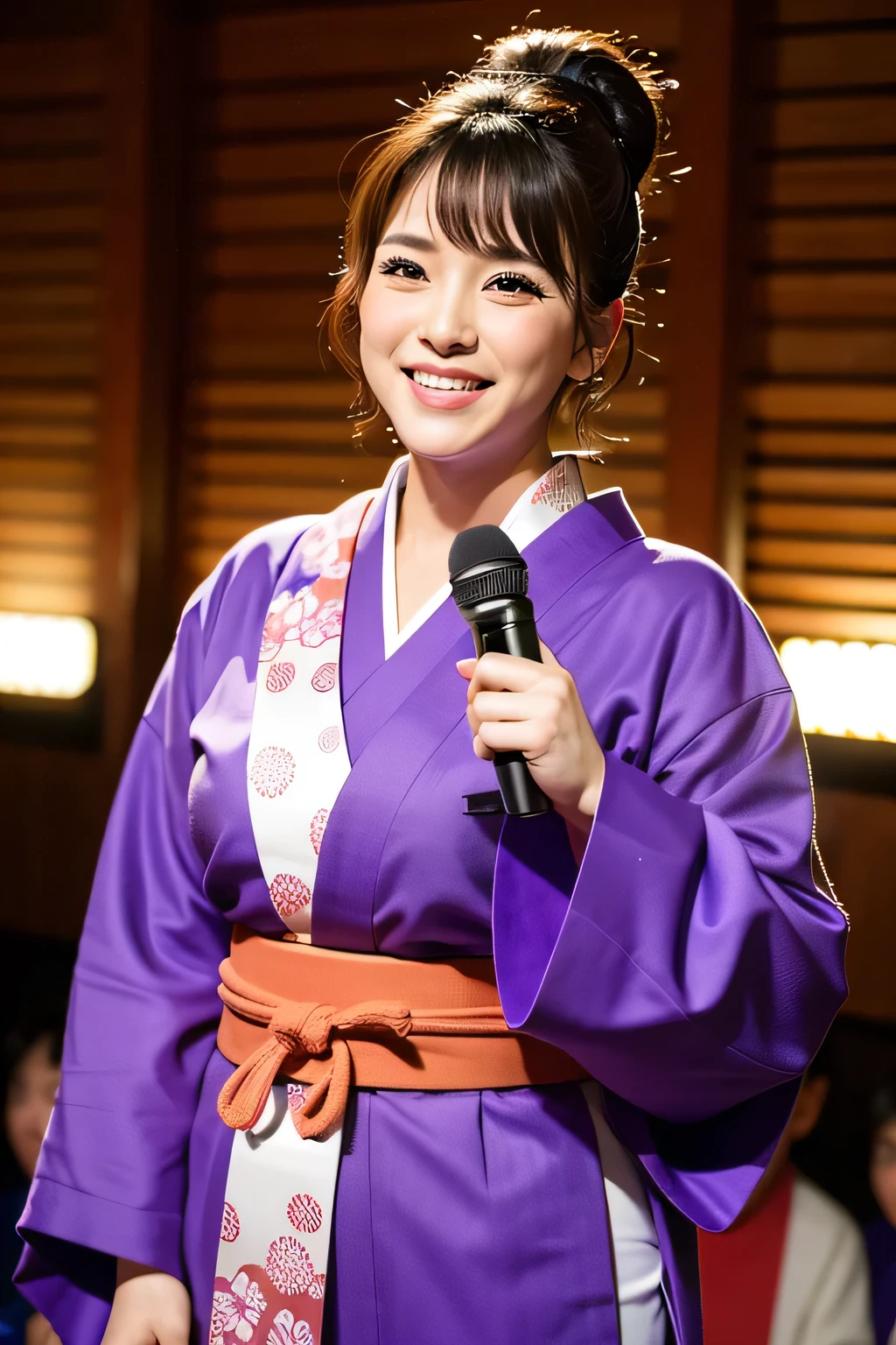 Front view、A 30-year-old enka singer wearing a purple kimono、The background is the sumo ring at Ryogoku Kokugikan. 1:1