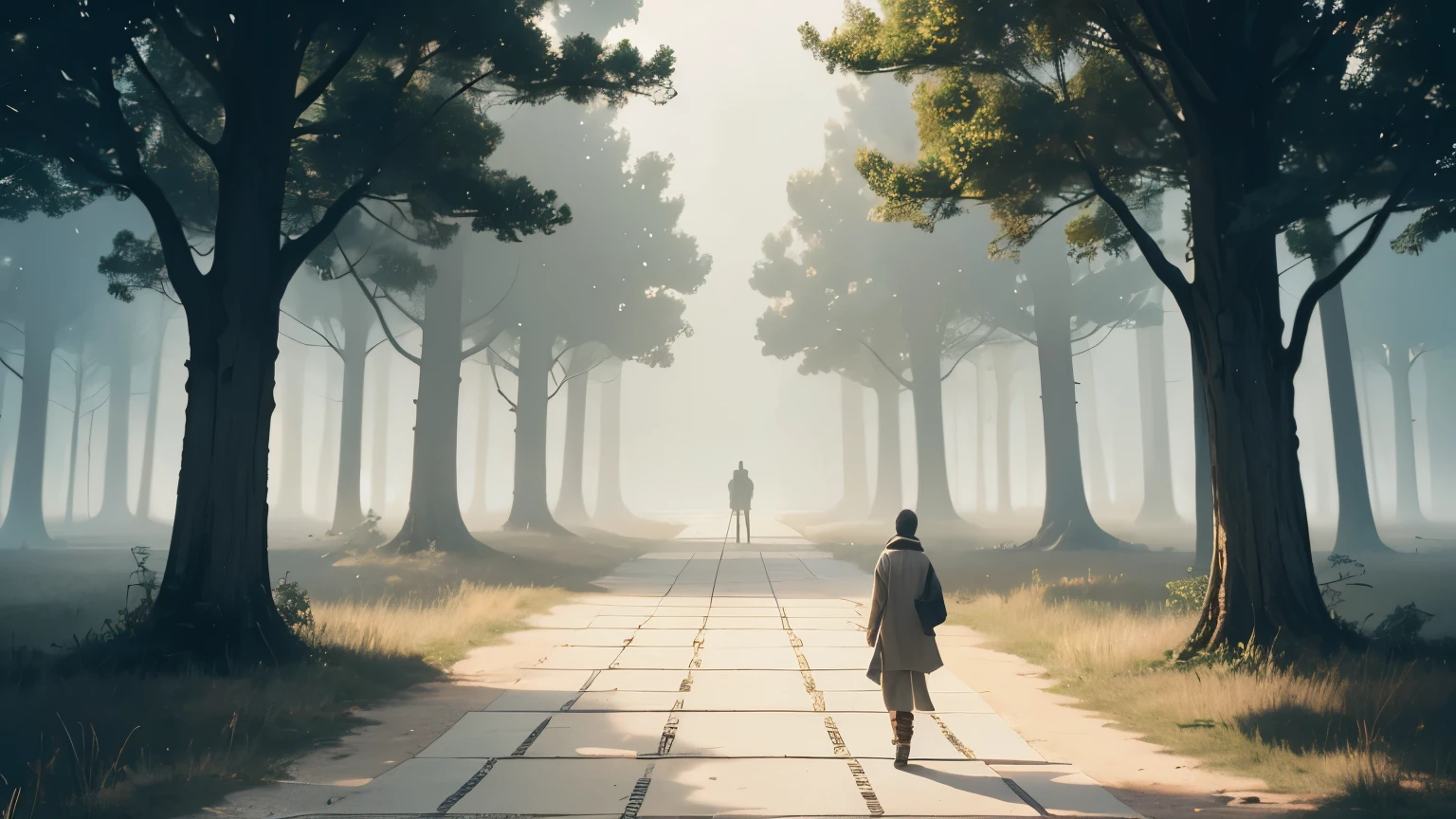 Generate an image of a person standing at a crossroads, with each path representing a different past life. The background should be a hazy landscape, suggesting the hidden depths of the subconscious mind."