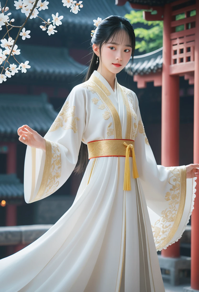 Dancing ballet、((((whole body、eaning forward))))、cheek-to-cheek、chinese dresses、China dress、Hanfu Dress、White Dress、(((Blonde girl)))、A surprisingly young and mysterious person、Photorealistic girl rendering、Soft and fantastic lighting、Soft lighting、Elegant digital art、Soft 3D Rendering、Soft Portrait、 Subtle, soft, hazy lighting、 Smooth 3DCG rendering、Large Breasts、(Close-up face)、(Adscent girls)、A small smile、(White fine princess dress)、Lots of frills、 Ruffled long sleeves、White lace cape、Beautiful gentle eyes、(Beautiful and fine face)、Beautiful long black hair、blunt bangs、Nice hands、Perfect hands、(Palace Garden)