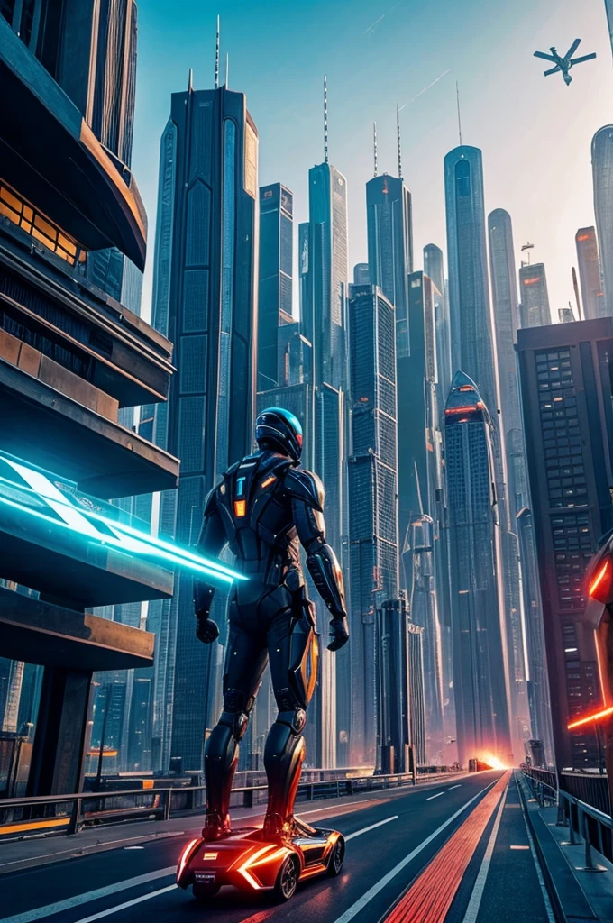 a humanoid looking at a futuristic city with flying cars and its colors being intense