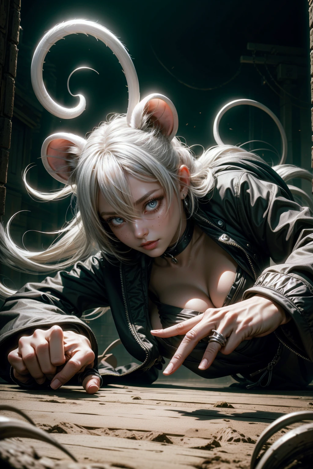 Sexy ninja girl crawling across the floor, with mouse ears silvery white hair, with a katana, and jutsu hand sign