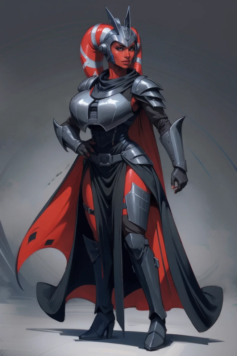 Brutal Red Skin Twi'lek with huge breasts wearing futuristic ((sleek (black) armor, black armor)) robes, cowl, crown, helmet, cape, huge breasts, slim hips, small waist, full-body shot