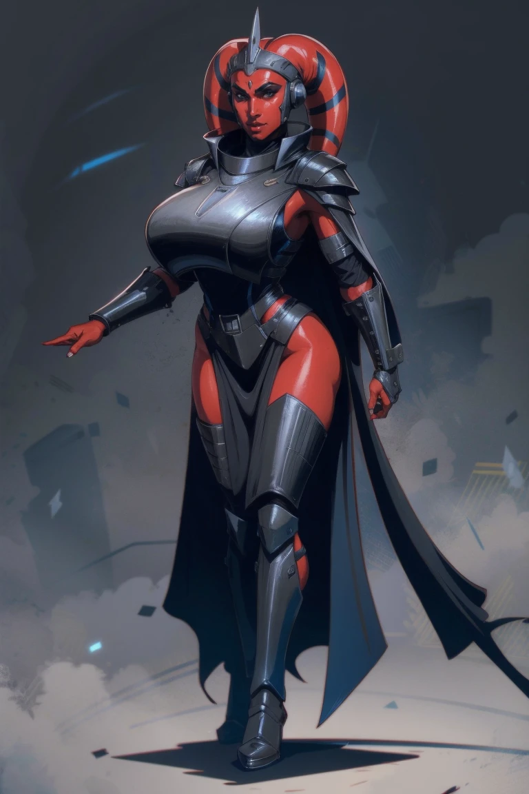 Brutal Red Skin Twi'lek with huge breasts wearing futuristic ((sleek (black) armor, black armor)) robes, cowl, crown, helmet, cape, huge breasts, slim hips, small waist, full-body shot