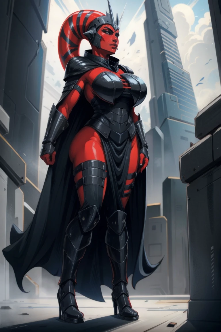 Brutal Red Skin Twi'lek with huge breasts wearing futuristic ((sleek (black) armor, black armor)) robes, cowl, crown, helmet, cape, huge breasts, slim hips, small waist, full-body shot