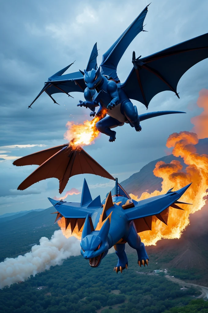 A cool photo of mega Charizard pokemon flying in air and using flame thrower 