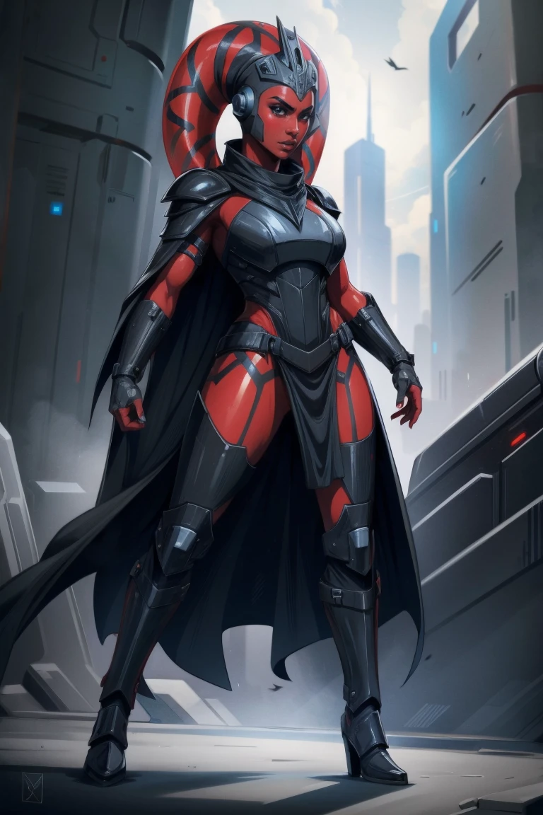 Brutal Red Skin Twi'lek with huge breasts wearing futuristic ((sleek (black) armor, black armor)) robes, cowl, crown, helmet, cape, big , slim hips, small waist, full-body shot