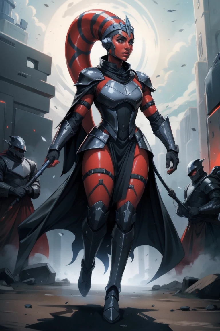 Brutal Red Skin Twi'lek with huge breasts wearing futuristic ((sleek (black) armor, black armor)) robes, cowl, crown, helmet, cape, big , slim hips, small waist, full-body shot