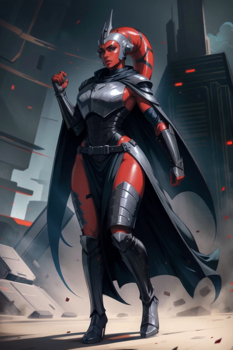 Brutal Red Skin Twi'lek with huge breasts wearing futuristic ((sleek (black) armor, black armor)) robes, cowl, crown, helmet, cape, big , slim hips, small waist, full-body shot