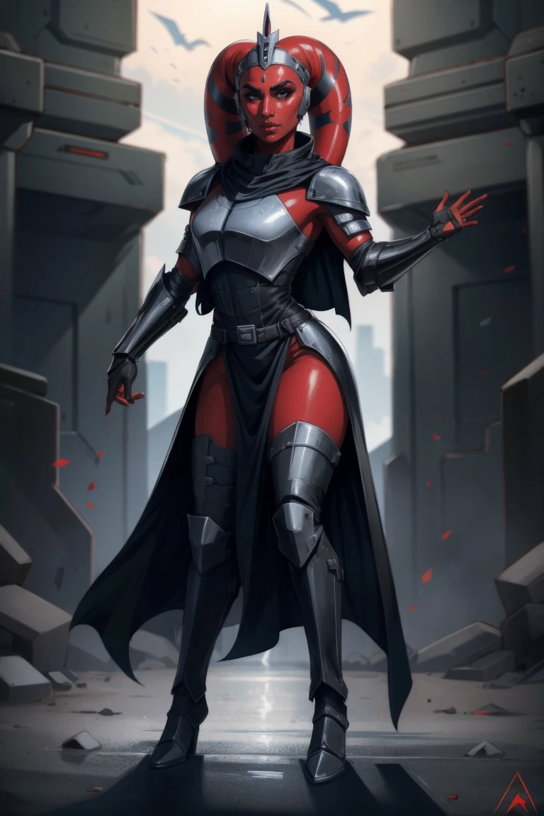 Brutal Red Skin Twi'lek with huge breasts wearing futuristic ((sleek (black) armor, black armor)) robes, cowl, crown, helmet, cape, big , slim hips, small waist, full-body shot