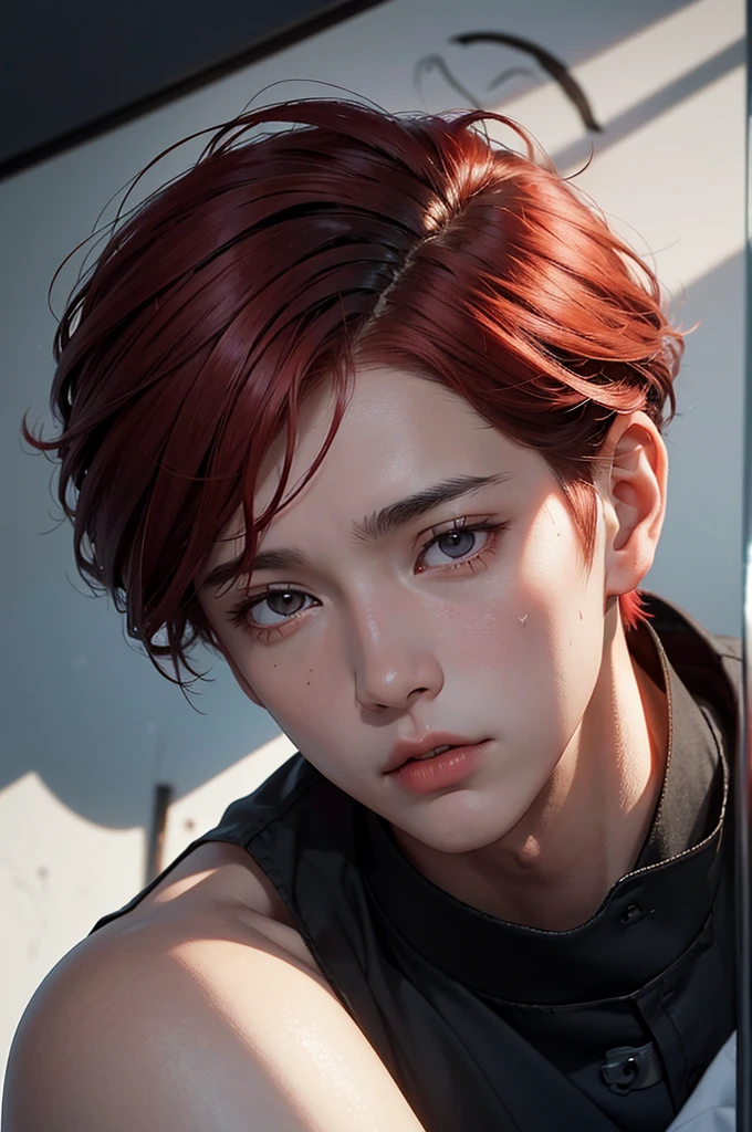 Young boy with handsome face, short red hair, Japanese haircut, gray eyes, long eyelashes, black collar, Japanese schoolboy outfit, behind broken glass, red liquid, sad expression, ultra-detailed, in shadow, scar, alone, shadow demon.