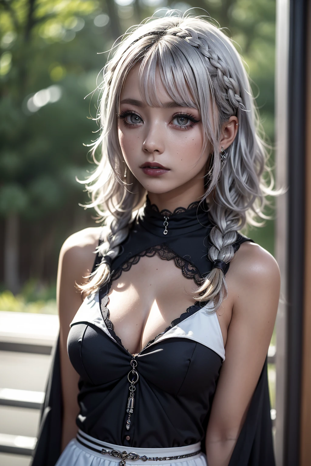 Realistic, masterpiece, Highest quality, Highest Resolution, High Detail, Soft Light, Professional Lighting, Backlight, Film Grain, The background is blurred, Japanese , (The subject was photographed from below, The subject does not look at the camera:1.3), , Upper body photo, Looks sleepy, inattention, yawn, Beautiful and detailed eye drawing, (Droopy eyes:1.3), Dark Eyes, Thin eyebrows, Draw eyelashes carefully, Eyelash extensions, Gal Makeup, Orange Cheek, (White brown wavy hair, Short Hair, Braid, middle part:1.3), (Hidden eyelid wrinkles:1.3), (Gothic , Silver Accessories:1.3), (Summer forest:1.3)