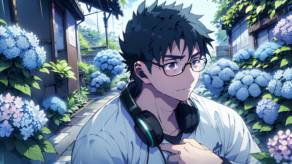 ((Highest quality)), ((masterpiece)), (detailed), Highest quality、High resolution、8K、shirt、One adult male、33 years old、Dark Eyes、Black Hair、rain、The whole body is shown、空を見上げてrainを見つめている、Standing surrounded by hydrangeas、Japanese anime-like style、超High resolutionかわいい萌えアニメ8k、handsome face manly、 Slender and muscular、Wearing headphones、Glasses