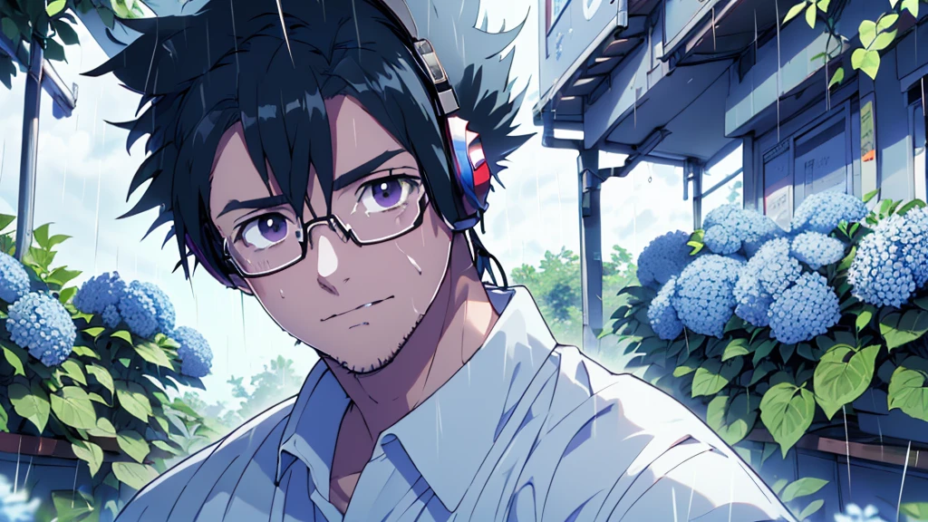 ((Highest quality)), ((masterpiece)), (detailed), Highest quality、High resolution、８K、shirt、One adult male、33 years old、Dark Eyes、Black Hair、rain、The whole body is shown、空を見上げてrainを見つめている、Standing surrounded by hydrangeas、Japanese anime-like style、超High resolutionかわいい萌えアニメ8k、handsome face manly、 Slender and muscular、Wearing headphones、Glasses