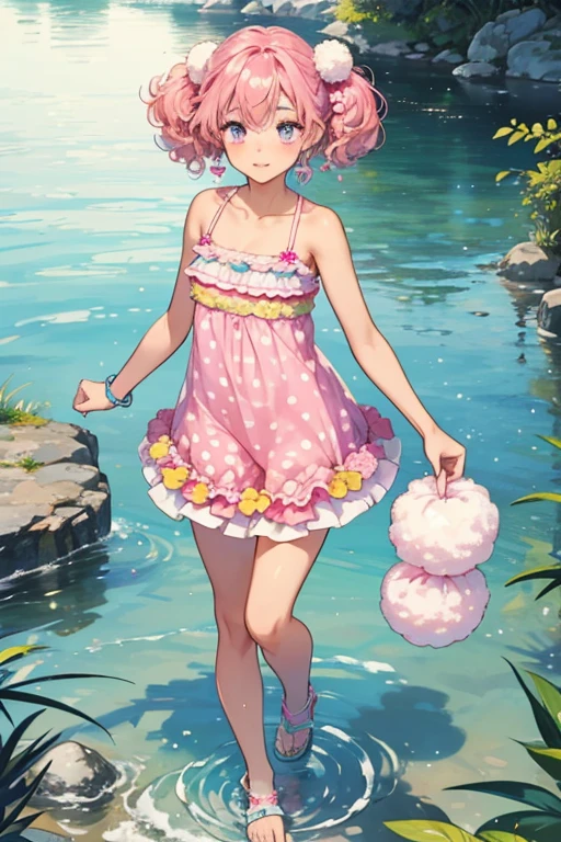 She has tan skin with curly pink hair and indigo eyes. She also wears a teal and yellow nightgown and pink pom-pom sandals. If you put her in cold water, then she will have a polka-dot bathing suit with pink socks. SPARKLE; GLITTER