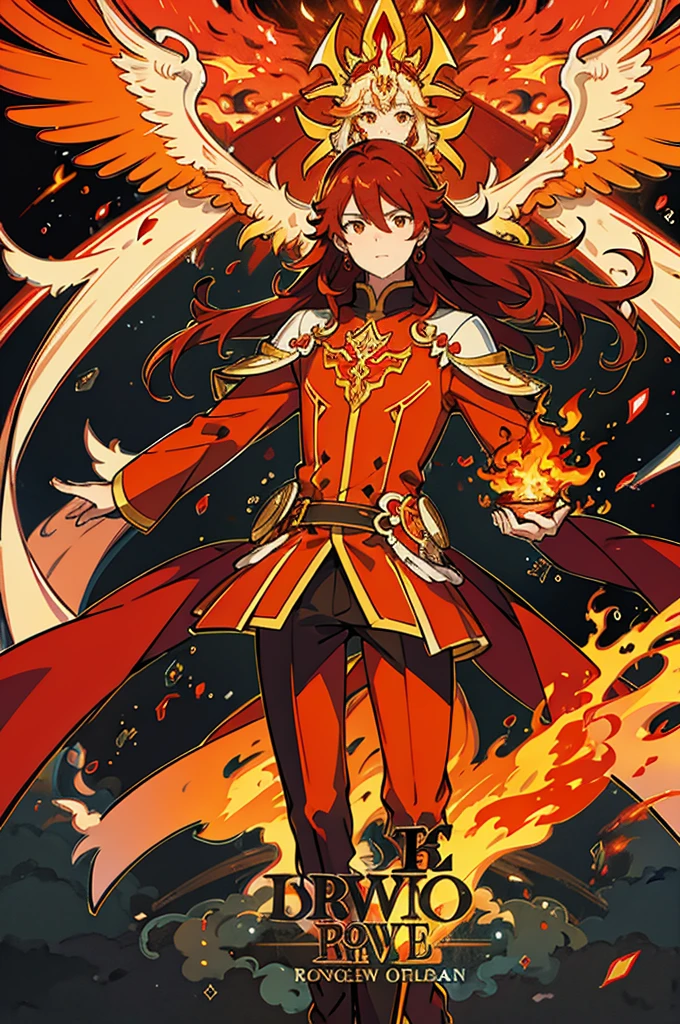 High-quality digital painting of a young man with long brown hair and piercing orange eyes, adorned in mediaval attire, controlling vibrant flames with a pair of enormous crimson wings sprouting from his back, intense and powerful, detailed hair and facial features without facial hair and without fire or accessories on the face looking forward, fiery and majestic, fantasy, vibrant color palette, dramatic lighting