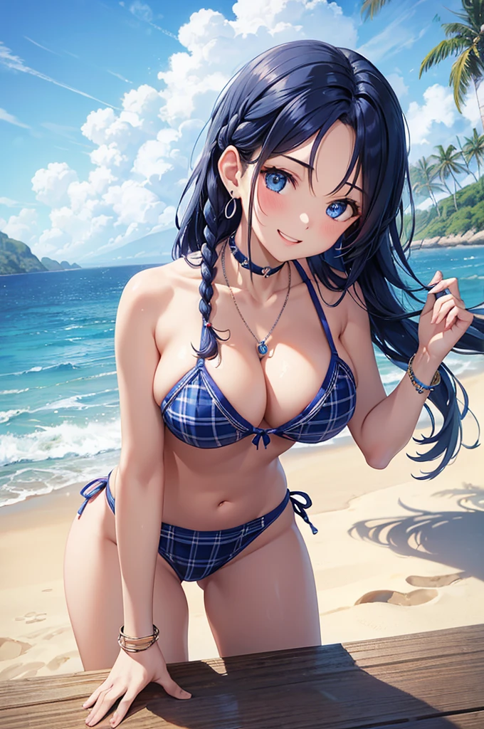 Highest quality、Highest quality、masterpiece、(8K),beauty(Age 25)、Navy blue long hair(Braiding of the sides)、blue eyes、Sexy Bikini(Plaid)、Big cleavage、(Big Breasts)、smile、blue necklace、Blue Earrings、background(Beach)、Please open your mouth wide、bracelet、Arch Pose、Blue choker