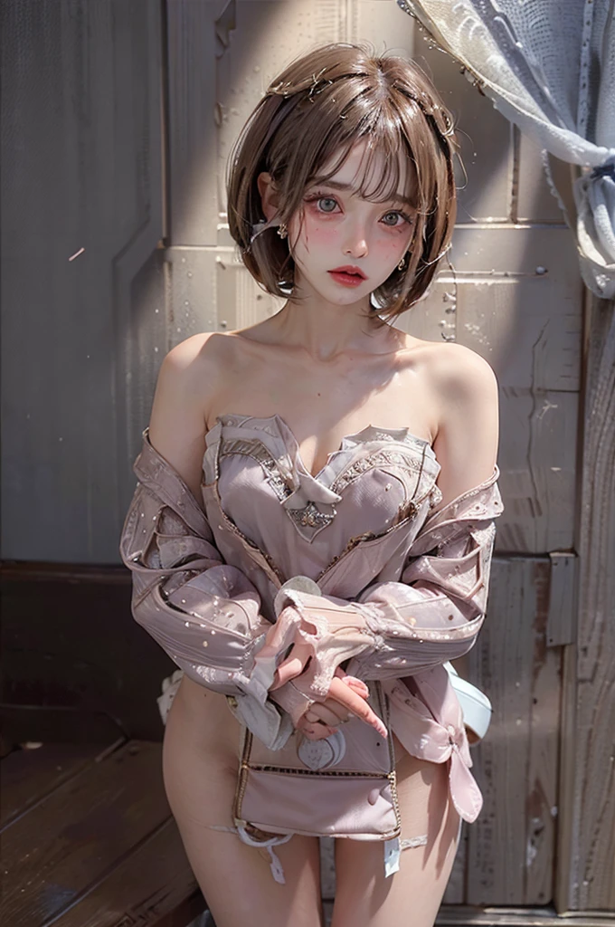 (Highest quality, masterpiece:1.3), ((Beautifully detailed face)), beautifully detailed skin, Intricate details, Very detailed, Best image quality in 8K, (18-year-old girl:Completely naked:1.8),Japanese Girls,Baby Face,(Detailed Hair,Bobcut:1.4),Detailed lips,Open your mouth,blush,Embarrassing,Realistic Face,Realistic Skin,(sexy:2.0,Clothes are disheveled),(Vibrant Skin,Moisturized Skin:1.2),Vivid lips,Lip gloss,(cowboy shot:1.5)