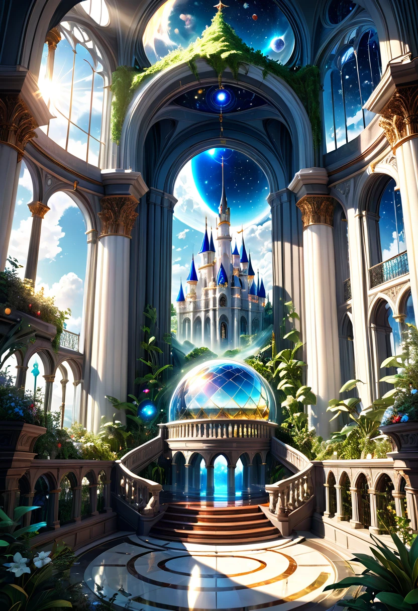 a magnificent floating royal castle in the sky, It is made of a material that resembles a mixture of pure white marble and transparent crystal, (a huge astronomical telescope on the balcony:1.2), ornate architecture, highly detailed, intricate carvings and decorations, glowing crystals, sunlight streaming through stained glass windows, overflowing gardens, lush greenery, (best quality,4k,8k,highres,masterpiece:1.2),ultra-detailed,(realistic,photorealistic,photo-realistic:1.37),detailed lighting, dramatic shadows, vibrant colors, fantasy, digital art, concept art