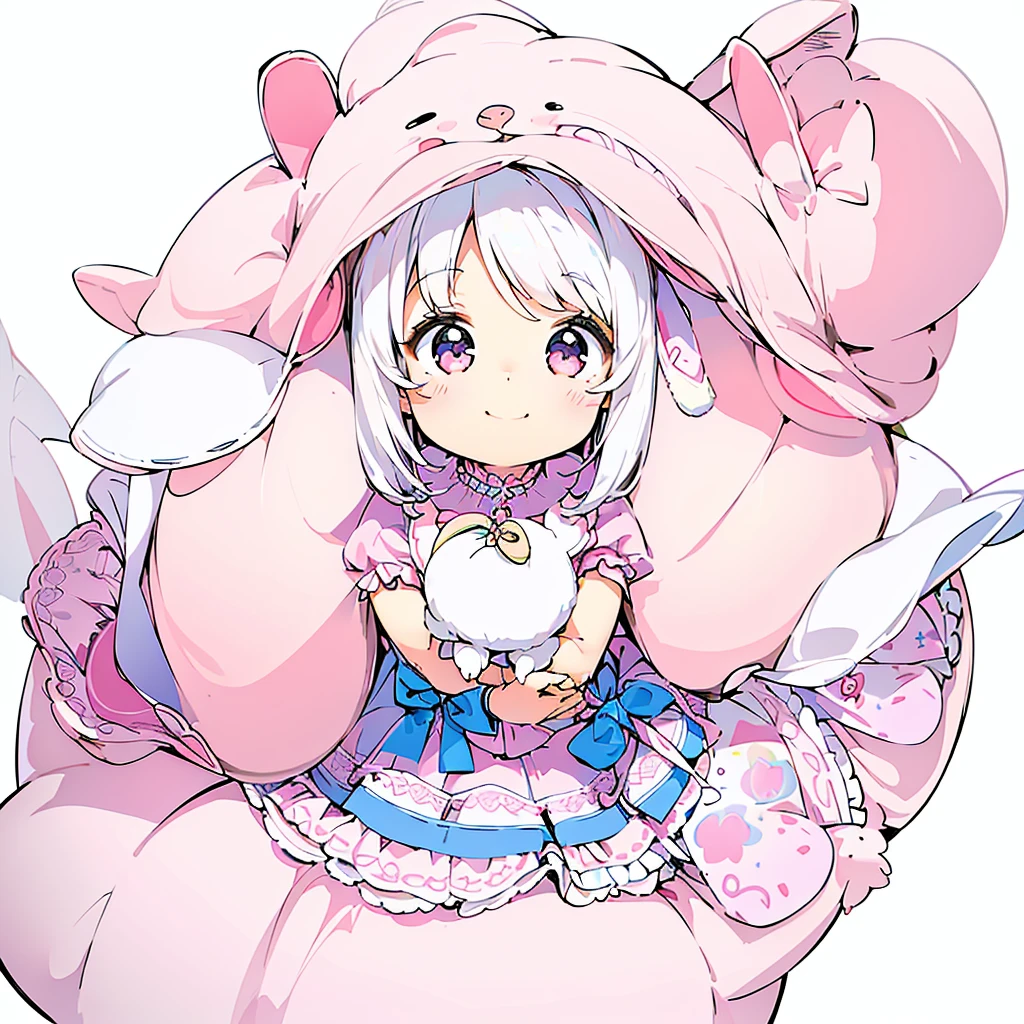 1girl,(((Little、cute、Highest quality、Masterpiece、Official Art、White background、The best composition、Super detailed)))、smile、Heartwarming、Soft and fluffy、pastel colour、whole body、smile、Standing with a stuffed rabbit、ふわふわなLittle、Rubber Mascot、